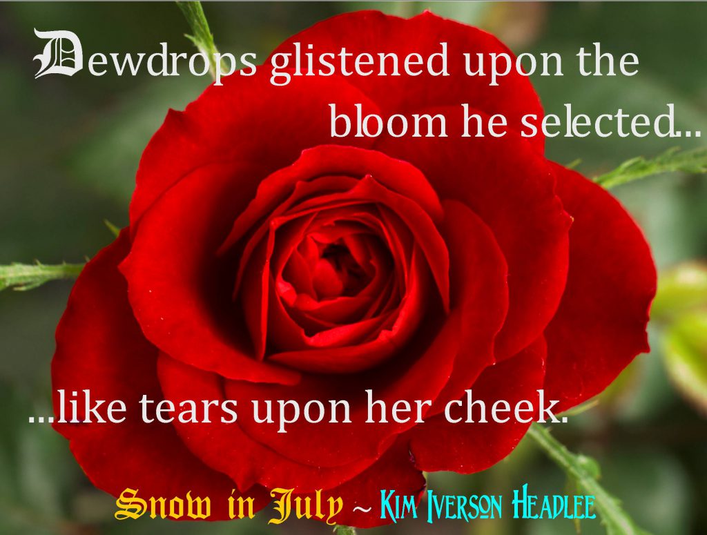 Snow-in-July-Kim-Iverson-Headlee-red-rose-dewdrops-tears-medieval-paranormal-romance