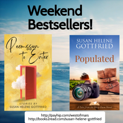 Graphic saying "Weekend bestsellers!" at the top, the covers of Permission to Enter and Populated, and then the buy links at the bottom, all over a light blue background that's actually ocean meeting sky